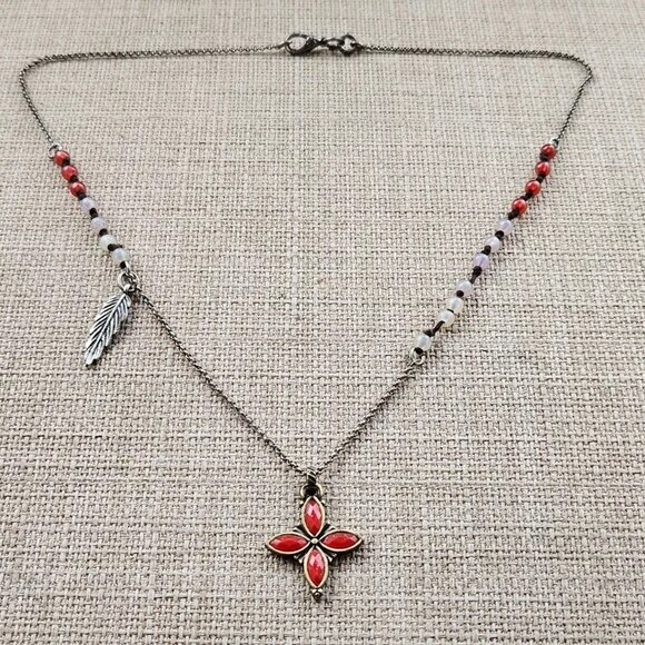 Vintage Necklace Brown Tone Chain Red Faux Stone Pendant Fashion Jewelry - Picture 4 of 10